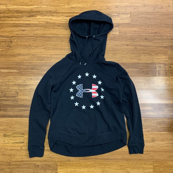 Under Armour Hoodie Women Size Medium Black American Flag Stars Sweatshirt Loose - Picture 1 of 9